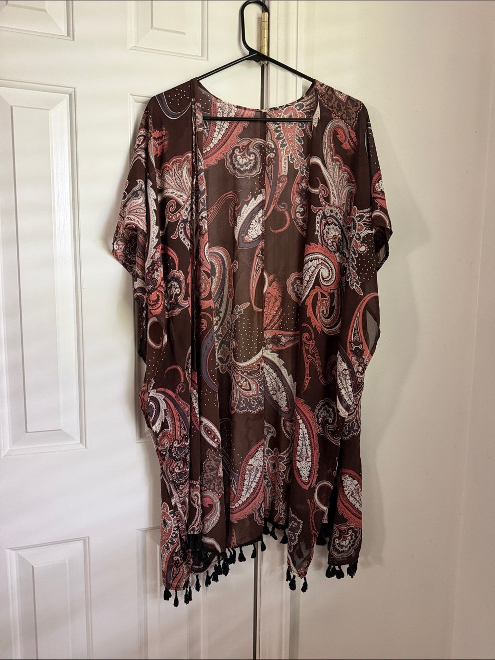 Brown Paisley Kimono Cover-Up with Tassel Trim